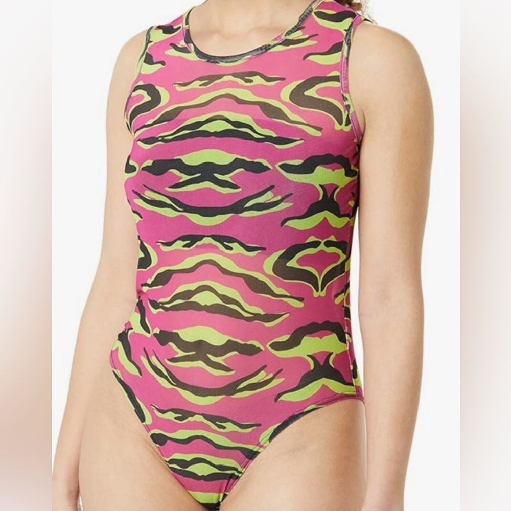 Terea Sleeveless V-Neck Bodysuit in Magenta & Lime Animal Print size 4X
